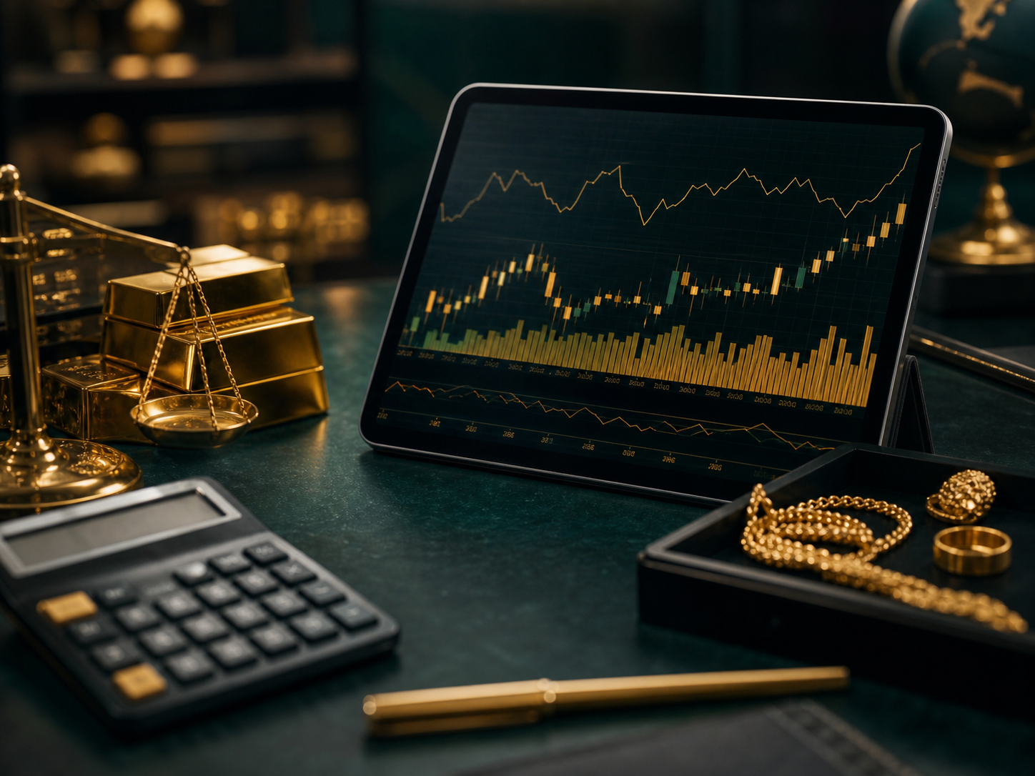 رسم تاريخي لسعر الذهب بجانب واجهة تسعير وفاتورة ذهب
