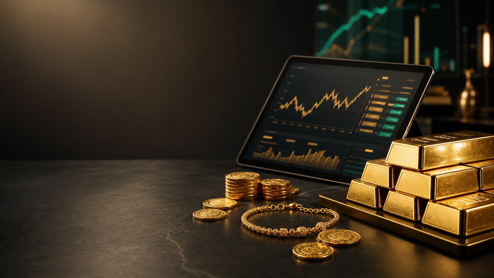 تحليل أسعار الذهب خلال عشر سنوات على لوحة بيانات بجانب سبائك ومجوهرات